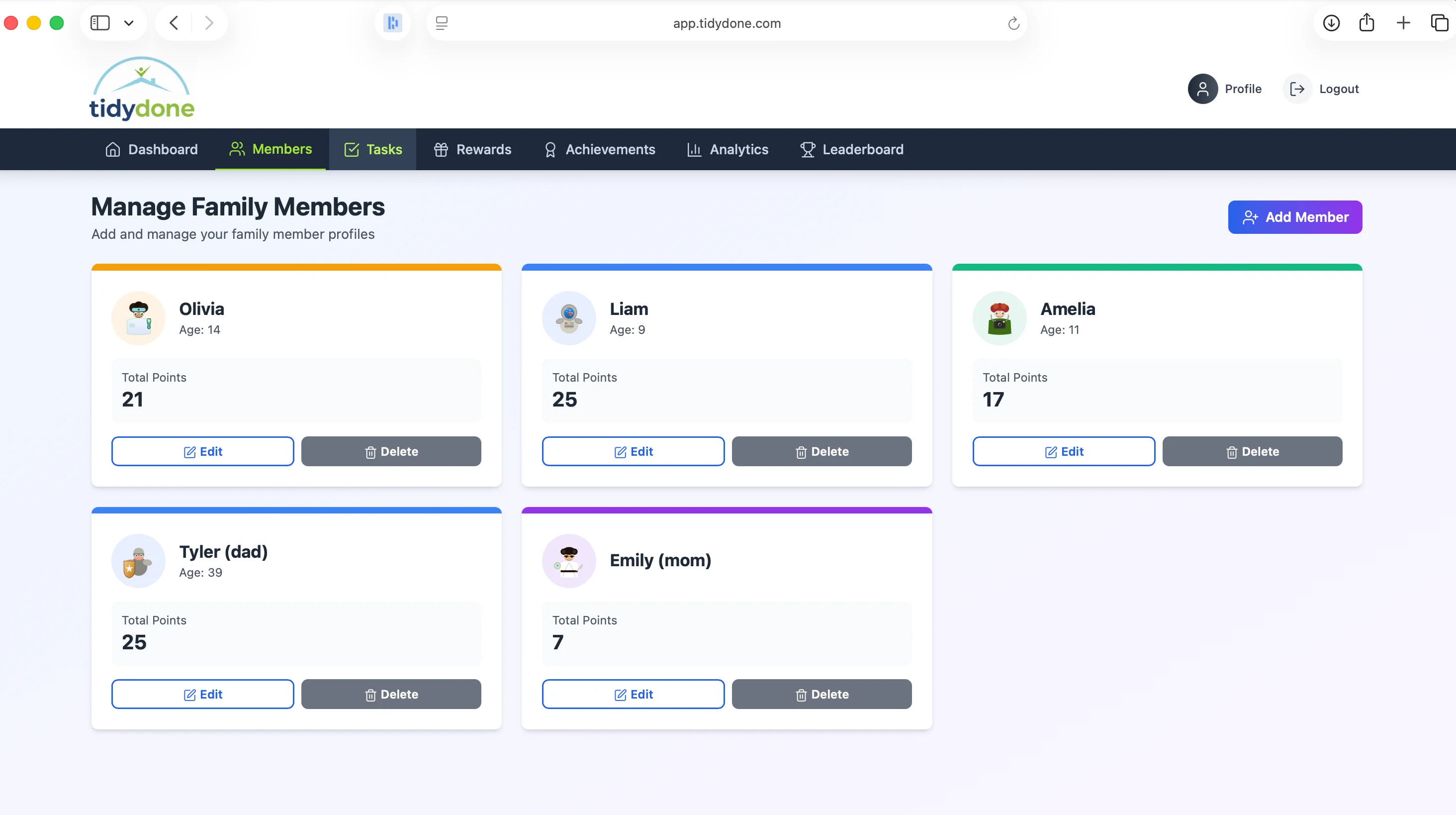 TidyDone child profiles - one chore chart for multiple kids with individual points
