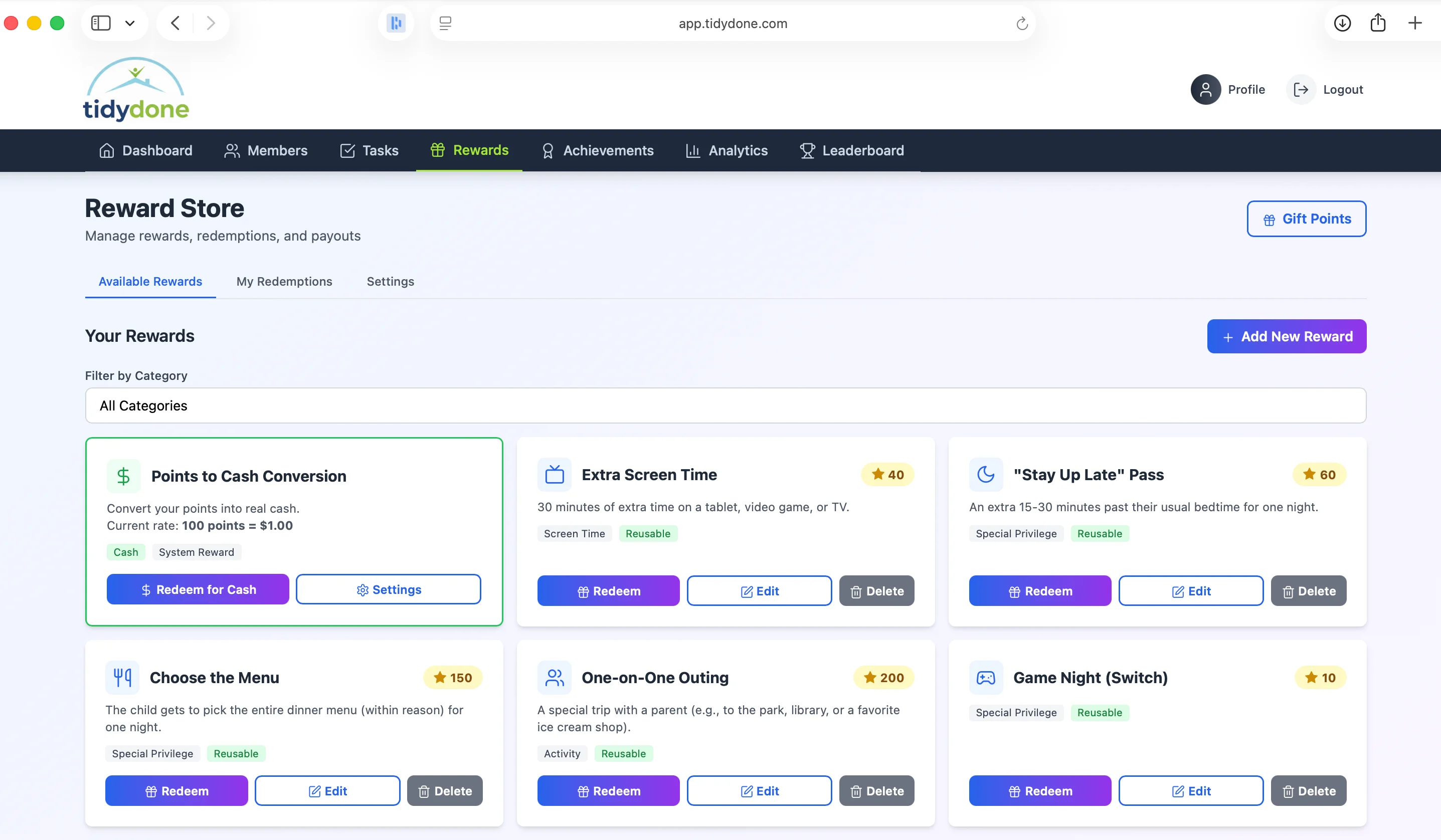 TidyDone rewards screen - free chore app with points and reward tracking